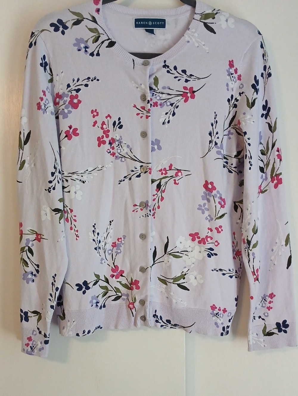 Karen Scott "Lavender Floral" Button-Front Cardigan in Size L